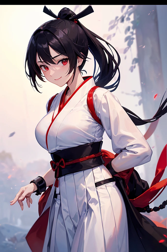 (masterpiece; best quality: 1.2), (finely detailed eyes: 1.3), ((25 year old woman)), ((solo)), (red eyes: 1.4), (body; lithe, slender, femenine: 1.3), (black hair in ponytail: 1.3), (beautiful and clear background: 1.2), ((depth of field)), (clothes: ronin attire + white kosode + black hakama + red sash: 1.3), (anime illustration: 1.2), (background composition; kendo dojo + night time: 1.1), (extremely fine and beautiful: 1.1), (shot composition; standing + centered on torso + close-up: 1.5), (expression; calm, smile: 1.2)