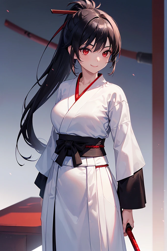 (masterpiece; best quality: 1.2), (finely detailed eyes: 1.3), ((25 year old woman)), ((solo)), (red eyes: 1.4), (body; lithe, slender, femenine: 1.3), (black hair in ponytail: 1.3), (beautiful and clear background: 1.2), ((depth of field)), (clothes: ronin attire + white kosode + black hakama + red sash: 1.3), (anime illustration: 1.2), (background composition; kendo dojo + night time: 1.1), (extremely fine and beautiful: 1.1), (shot composition; standing + centered on torso + close-up: 1.5), (expression; calm, smile: 1.2)