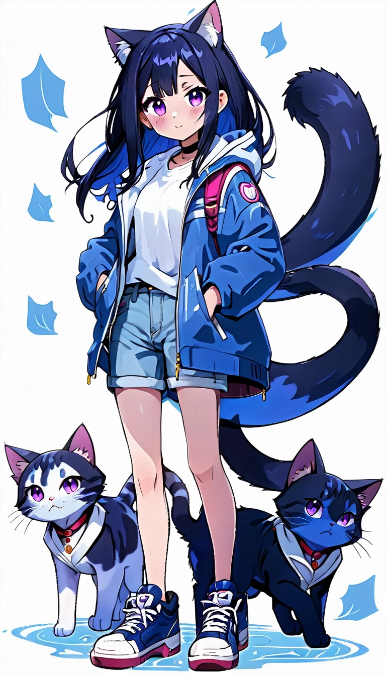 a young 14 year old girl, 4ft9 in Hight, open blue jacket, white shirt, short jeans, long black hair, brown work shoes, ,purple eyes,fang, ,cat ears, ,cat tail, character design, purple and blue halos, blue Archive character,