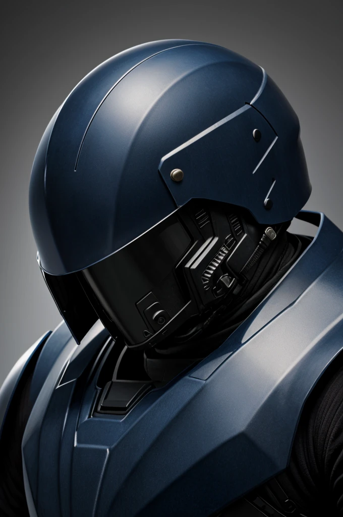 a hero in large, wide, clunky, heavy dark blue advanced mech suit of armor with a helmet covering his whole face and head with a tinted visor hiding his eyes