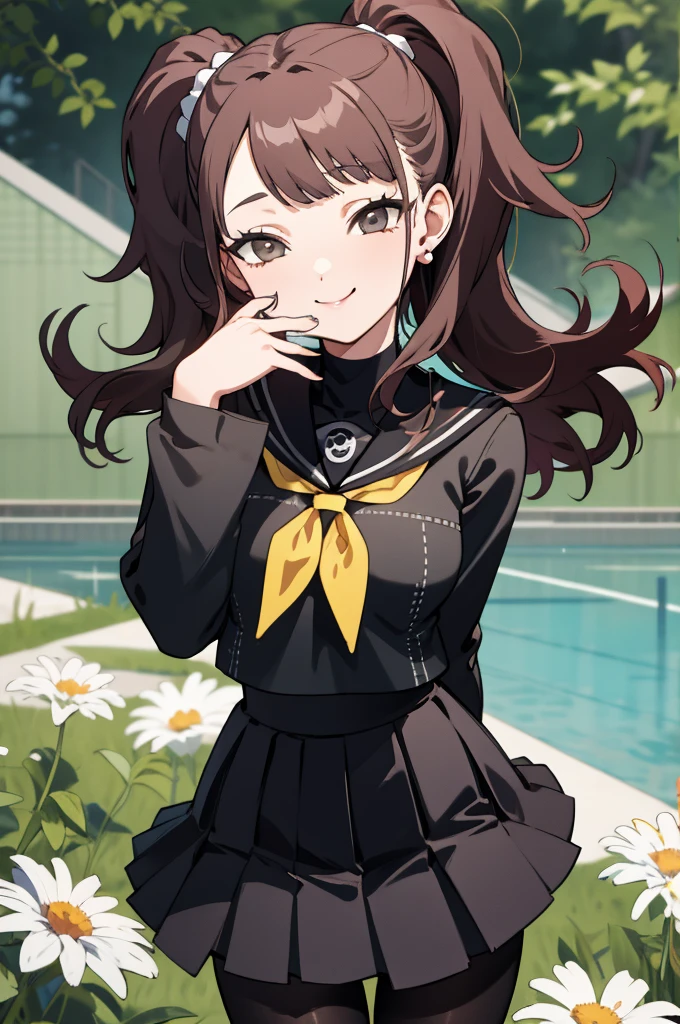 masterpiece, best quality, highres,
garden, flowers, cowboy shot, smile,
1girl, solo, looking at viewer, leaning leaning forward, hands arms behind back,
kujikawarise, long hair, medium breasts, twintails, bangs,
skirt, long sleeves, jewelry, , pleated skirt, earrings, serafuku, miniskirt, black skirt, sailor collar, neckerchief, turtleneck, yellow neckerchief, yasogami , pantyhose, black shirt, black uniform, white shirt,