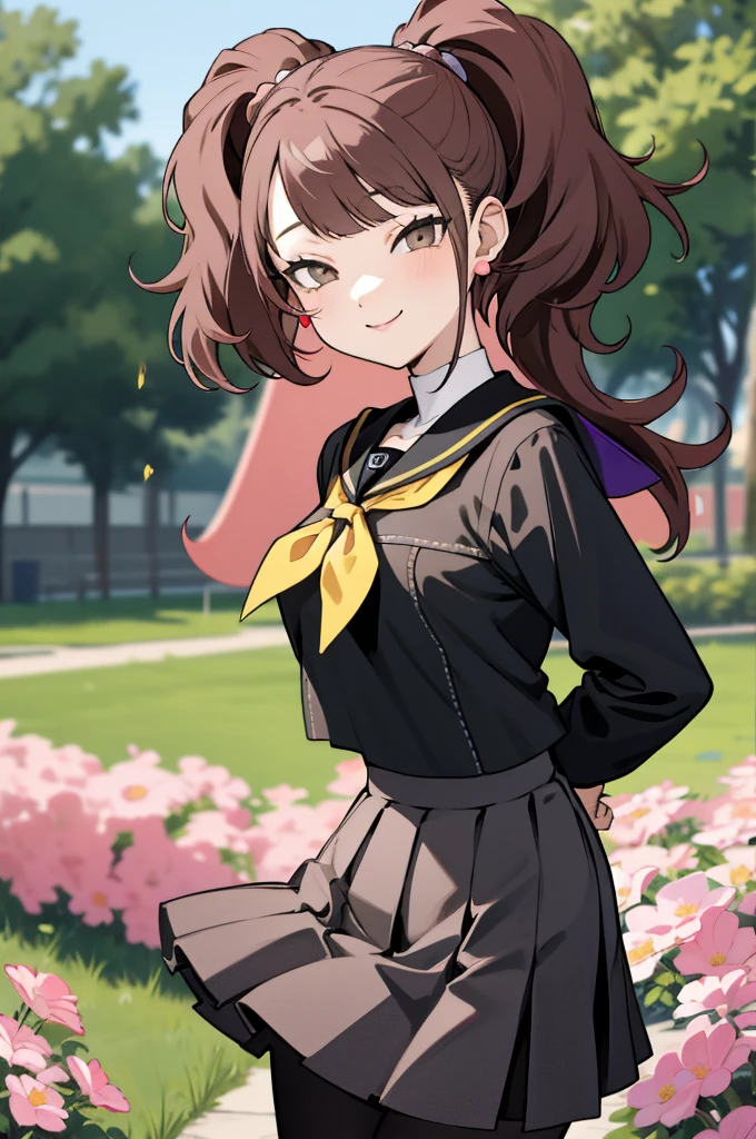 masterpiece, best quality, highres,
garden, flowers, cowboy shot, smile,
1girl, solo, looking at viewer, leaning leaning forward, hands arms behind back, 
kujikawarise, long hair, medium breasts, twintails, bangs, 
skirt, long sleeves, jewelry, , pleated skirt, earrings, serafuku, miniskirt, black skirt, sailor collar, neckerchief, turtleneck, yellow neckerchief, yasogami , pantyhose, black shirt, black uniform, white shirt,