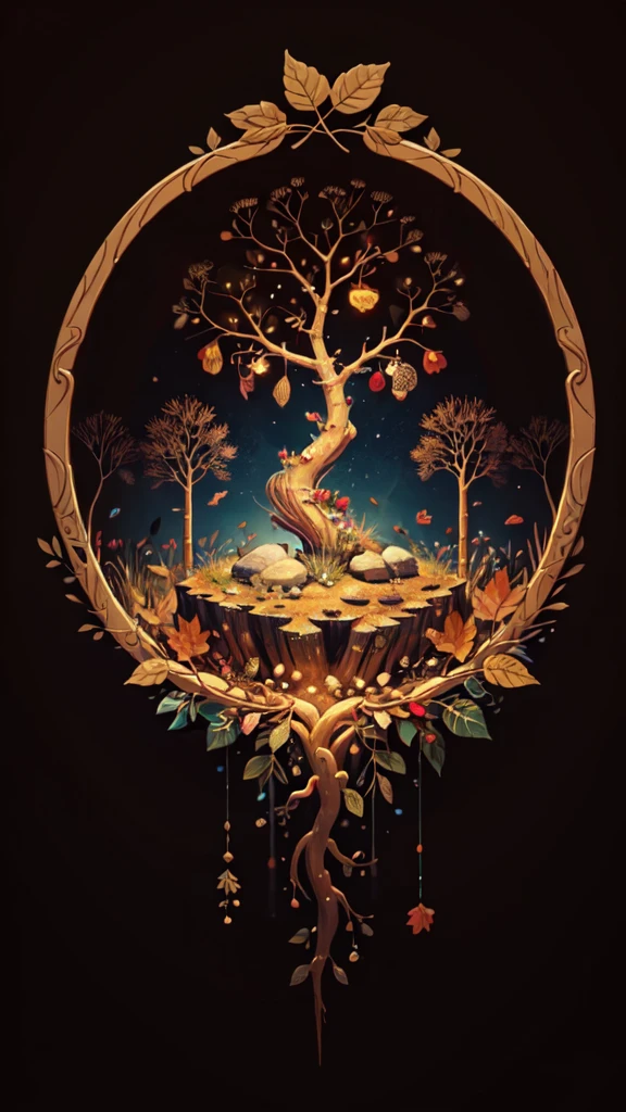 circular tree,four seasons,spring,summer,autumn,winter,leaves,roots,branches,trunk,ornate border,decorative,digital illustration,artwork,movement,time,swirling background,dark background,vibrant colors,natural,life cycle,growth,change,nature,life,peace,harmony,spirituality,symbolism,digital art,illustration,painting,graphic design,art,design,digital media,online art,visual art,fine art,fantasy