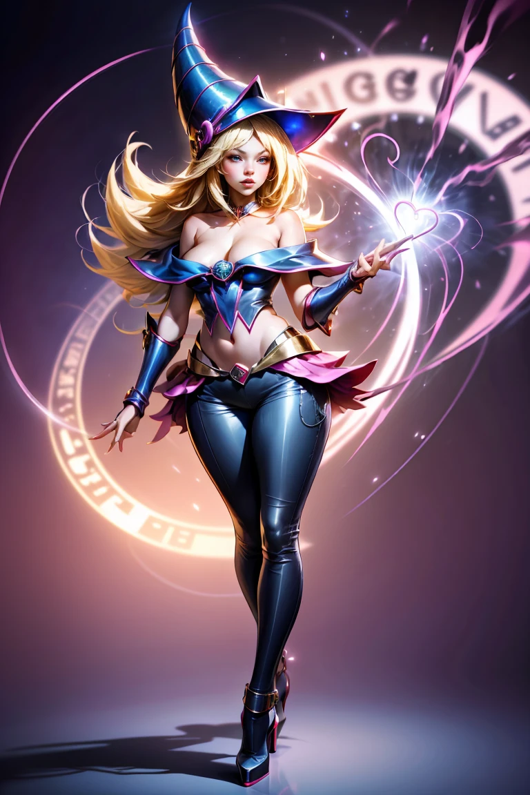dark magician gils, with high-heels. pants, sexy, Subjective and sensual pose. magic background. Magical heart in the air. magic circle