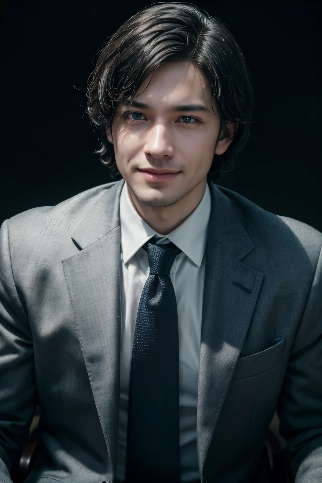 A happy wheelchair user in a suit and tie, black hair, short hair, (best quality,4k,8k,highres,masterpiece:1.2),ultra-detailed,(realistic,photorealistic,photo-realistic:1.37),UHD,16k,portrait,photo,detailed face, detailed clothing, warm lighting, shallow depth of field