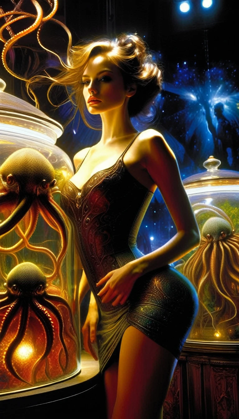 a sexy girl in a sexy dress tends the store at the counter, fantastic store, Fantasy world, dark, disturbing, strange, unnatural, (Rembrandt Lighting: 1.3) light particles, lens flares, store with several tentacles inside large jars, , a woman shopping, live tentacles for sale inside jars, side chest, forest cat on stage, close-up of the upper part of the body, artistic masterpieces that will go down in history, fantastic backgrounds, memorable scenes, fantastic angles (masterpiece : 1.2), (best quality: 1.2), intricate details, newest, AI generated (Bill Sienkiewicz inspired art, intricate details, oil painting)