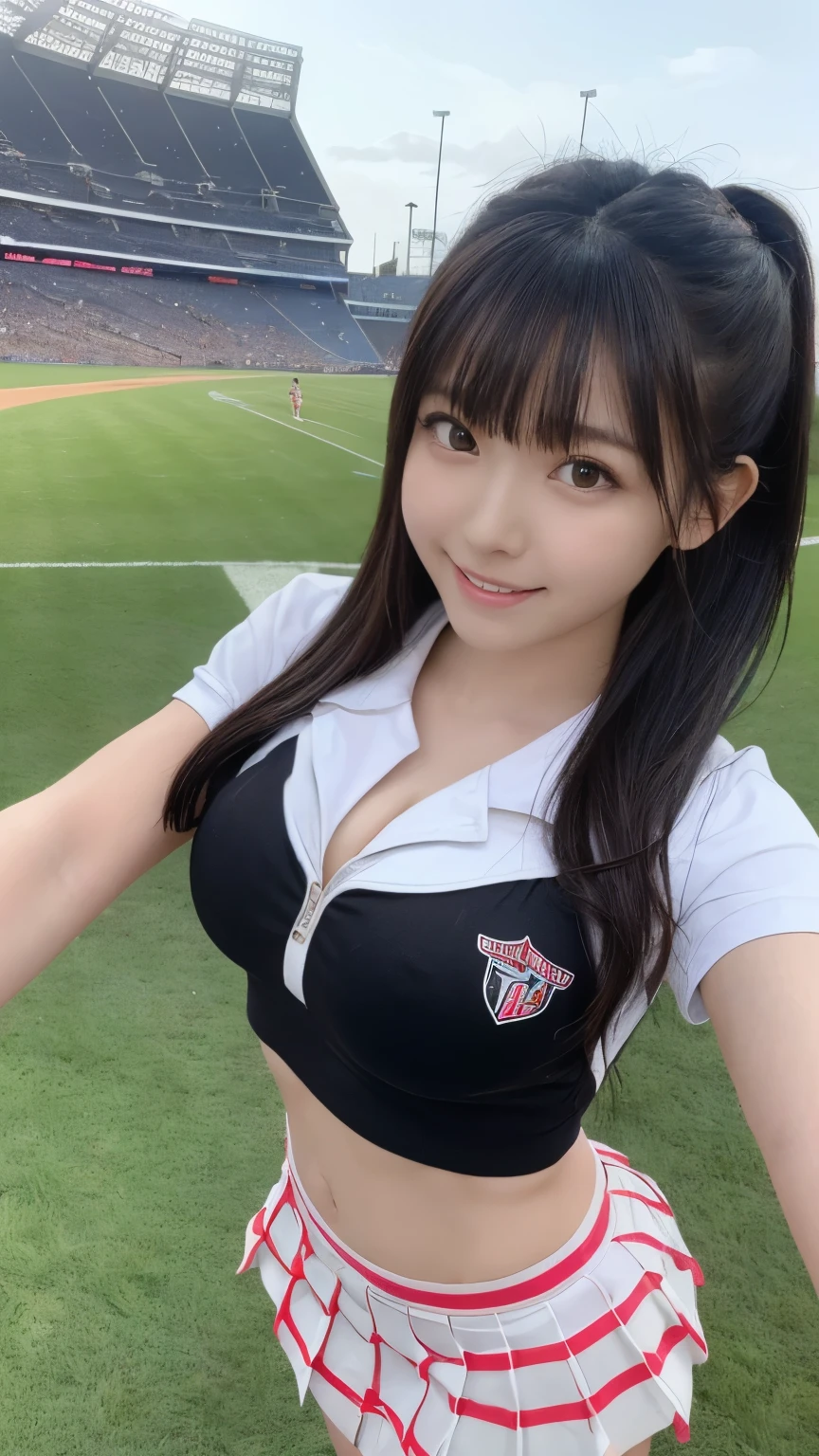 (Cheerleader、Cheerleader:1.9)、(Black Hair、Groin、Micro Mini Skirt、Big eyes with double eyelids、Beautiful woman、25age、smile、Beautiful Skin、On the grass of an athletics stadium)、from the front、Large 、Captivating thighs、Cleavagsional Lighting、Are standing、Striking a pose