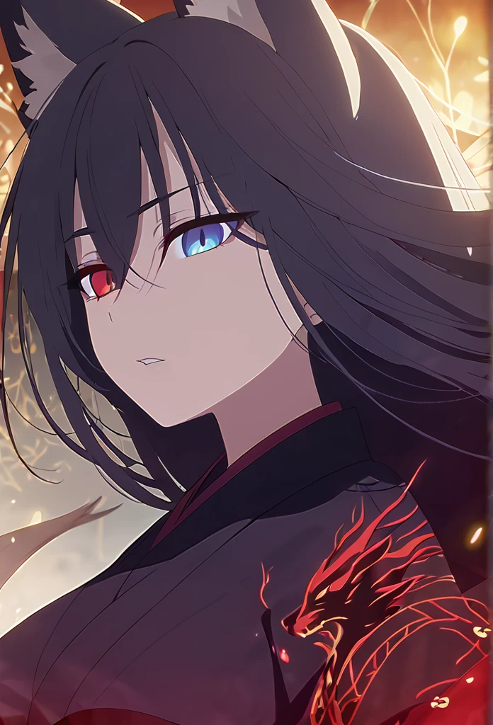 a beautiful blue and black kitsune, big breasts, long black hair, slim waist, detailed portrait, intricate details, dramatic lighting, mystical, elegant, sensual, long white tail, heterochromia (one blue eye, one red eye), His eyes would shine brightly, Surrounded by red energy fireflies, red and black kimono with occi dragon design