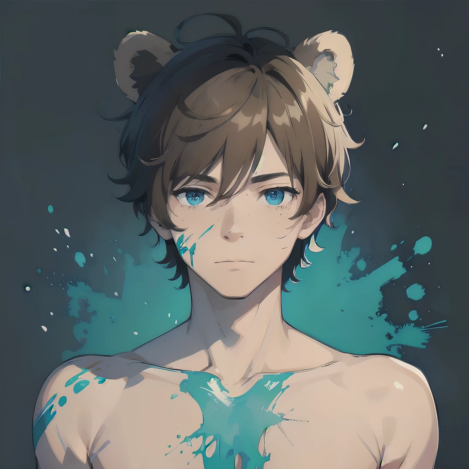 (masterpiece), 1boy, solo, solo male, best quality, expressive eyes, perfect face, sketch style, , best quality, kemonomimi, bear ears, animal ears, brown hair, short hair, messy_hair, blue eyes BREAK freckles, (, young man), standing, sketch style, (paint splatter, splatter), body Paint, dripping, colorful, watercolor, simple background, topless male, nude, smirk, closed mouth 