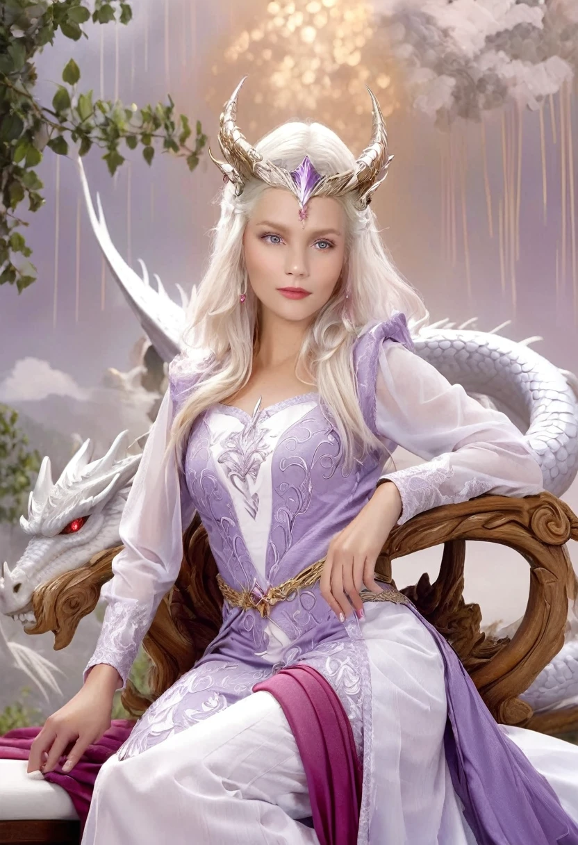 Queen of the White Dragon, mulher madura jovem, "Galadriel, EMÍLIACLARKE", elegant lilac Ruby dress, mama grande, Curvy, dragon ling vawy hair, Cabelos Super Longos, soft facial features, White dragon horns on his head, mulher majestosa, silver decoration on her lilac Ruby dress, Rainha Estrela Prateada, Grandes olhos violet, cherry lips, White dragons, starly sky