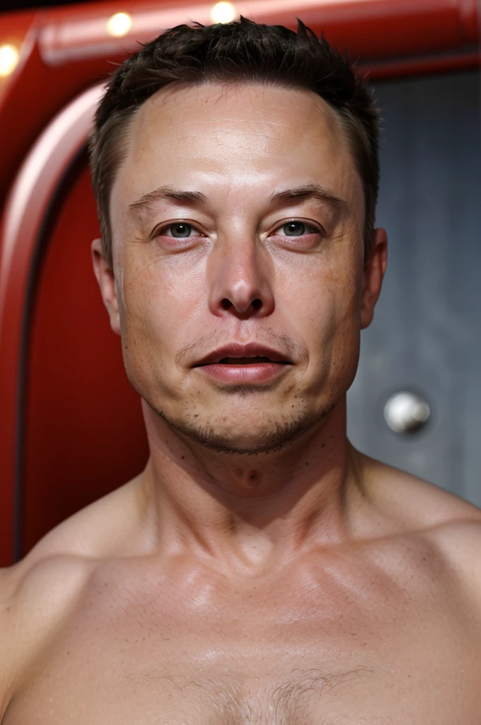 Elon musk eye closed and mouth open, naked with bodily fluids all over the body 
