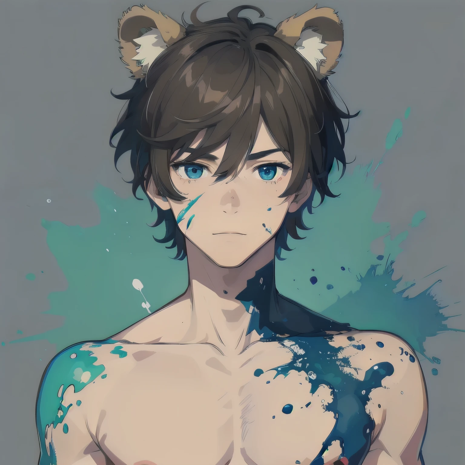(masterpiece), 1boy, solo, solo male, best quality, expressive eyes, perfect face, sketch style, , best quality, kemonomimi, bear ears, animal ears, brown hair, short hair, messy_hair, blue eyes BREAK freckles, (, young man), standing, sketch style, (paint splatter, splatter), body Paint, dripping, colorful, watercolor, simple background, topless male, green shorts BREAK smirk, closed mouth 