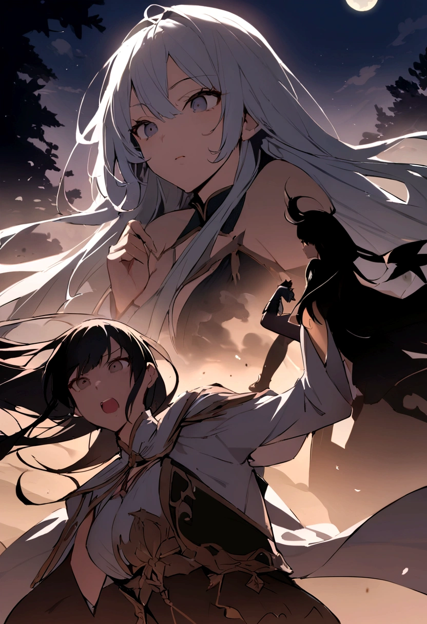 full moon, とても大きなfull moon、 Long haired woman fighting scene、Silhouette of two female warriors fighting scene, Hatred face closeup、Fantasy、masterpiece, Highest quality, night, , , Imagination、Narrative、Impressive work、Fantasyなfull moonと雲のコラボレーション、4k、beautiful、非常にbeautiful、beautifulことが一番