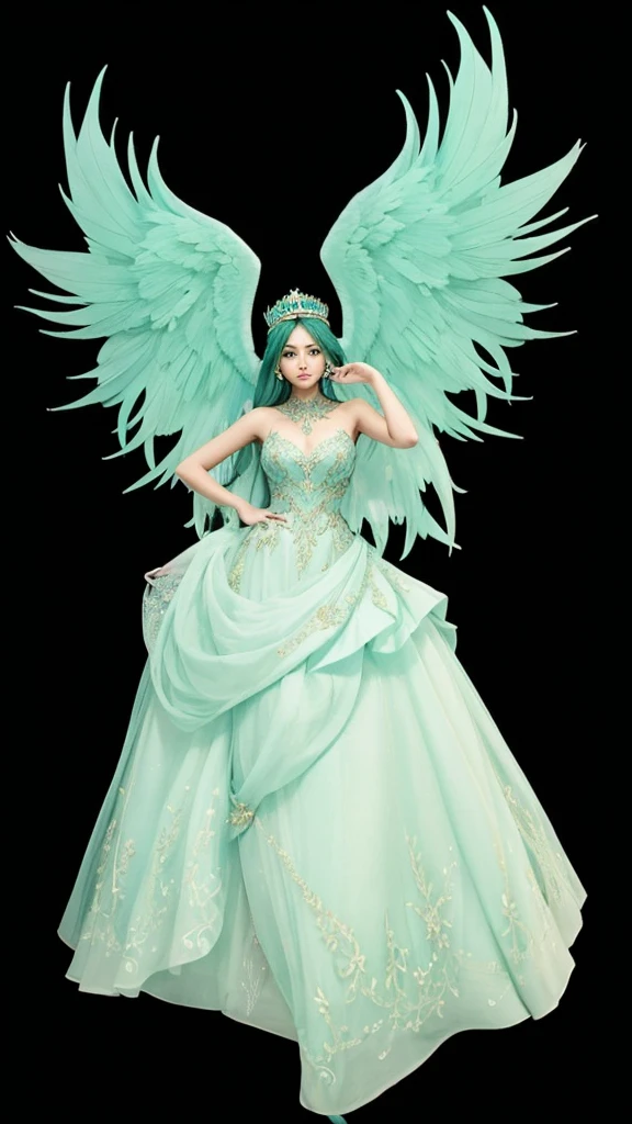 A beautiful girl in full body, wearing an elegant teal dress, with large bluish-green wings, with straight dark green hair and a crown on her head.
