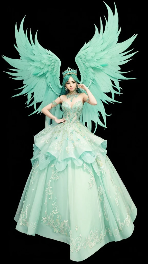 A beautiful girl in full body, wearing an elegant teal dress, with large bluish-green wings, with straight dark green hair and a crown on her head.