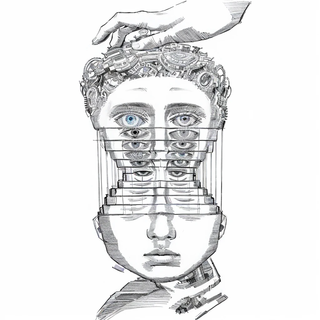 a drawing of a person's head with a grid of faces, symetrical portrait, many eyes on head, symmetrical portrait scifi, with multiple eyes, surreal drawing, machine parts embedded into face, symmetical face, symmetrical face illustration, with symmetrical head and eyes, symetrical face, whole head, portrait symetrical, fixed eyes, an optical illusion drawing