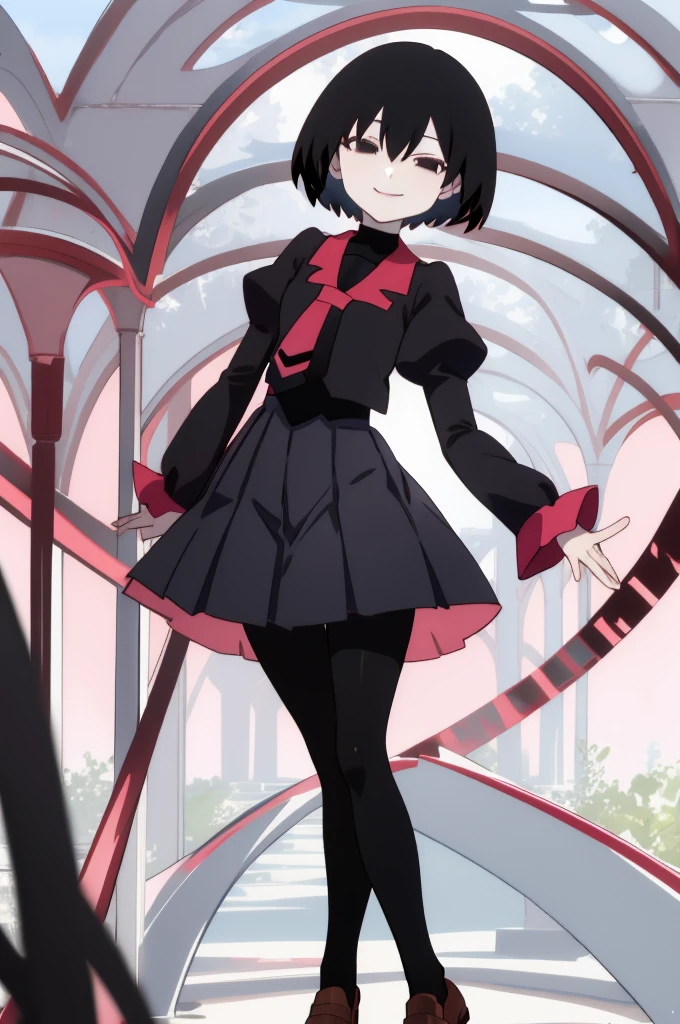 (night, dim lighting), 
ougioshino, 1girl, solo, looking at viewer, smile, short hair, bangs, black hair, hair between eyes, black eyes, bob cut, pale skin, oshino ougi, empty eyes, 
skirt, long sleeves, , pantyhose, pleated skirt, necktie, shoes, puffy sleeves, black skirt, sleeves past wrists, black pantyhose, turtleneck, bob cut, juliet sleeves, brown loafers, black necktie, sleeves past fingers, pink shirt, naoetsu high , black undershirt,
cowboy shot, garden, trees,
