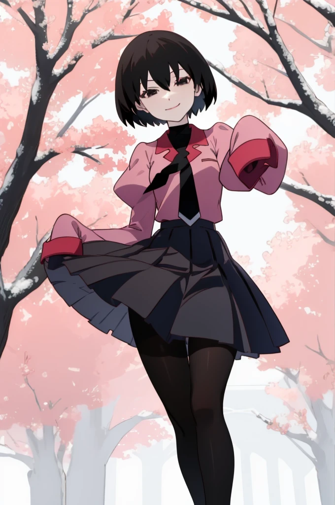 (night, dim lighting), 
ougioshino, 1girl, solo, looking at viewer, smile, short hair, bangs, black hair, hair between eyes, black eyes, bob cut, pale skin, oshino ougi, empty eyes, 
skirt, long sleeves, , pantyhose, pleated skirt, necktie, shoes, puffy sleeves, black skirt, sleeves past wrists, black pantyhose, turtleneck, bob cut, juliet sleeves, brown loafers, black necktie, sleeves past fingers, pink shirt, naoetsu high , black undershirt,
cowboy shot, garden, trees,
