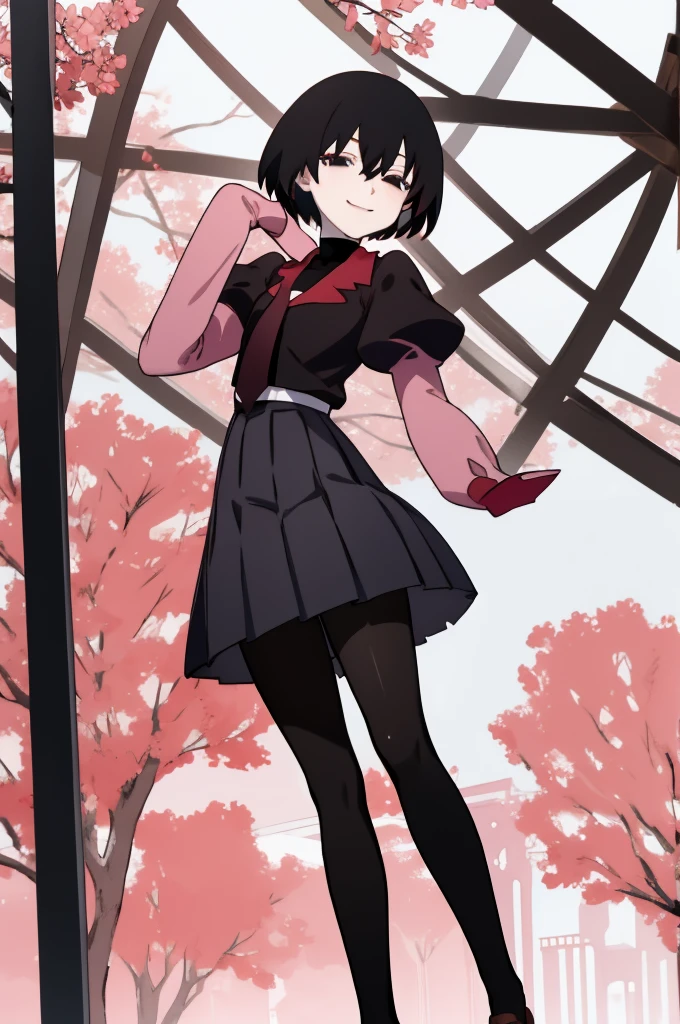 (night, dim lighting), 
ougioshino, 1girl, solo, looking at viewer, smile, short hair, bangs, black hair, hair between eyes, black eyes, bob cut, pale skin, oshino ougi, empty eyes, 
skirt, long sleeves, , pantyhose, pleated skirt, necktie, shoes, puffy sleeves, black skirt, sleeves past wrists, black pantyhose, turtleneck, bob cut, juliet sleeves, brown loafers, black necktie, sleeves past fingers, pink shirt, naoetsu high , black undershirt,
cowboy shot, garden, trees,
