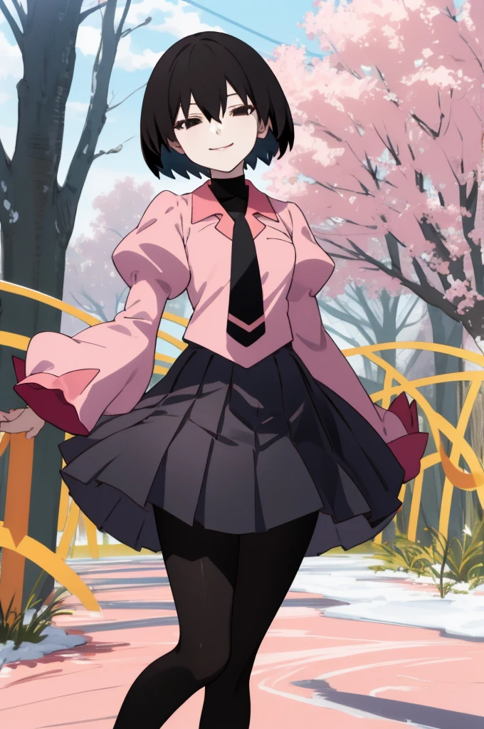 (night, dim lighting), 
ougioshino, 1girl, solo, looking at viewer, smile, short hair, bangs, black hair, hair between eyes, black eyes, bob cut, pale skin, oshino ougi, empty eyes, 
skirt, long sleeves, , pantyhose, pleated skirt, necktie, shoes, puffy sleeves, black skirt, sleeves past wrists, black pantyhose, turtleneck, bob cut, juliet sleeves, brown loafers, black necktie, sleeves past fingers, pink shirt, naoetsu high , black undershirt,
cowboy shot, garden, trees,
