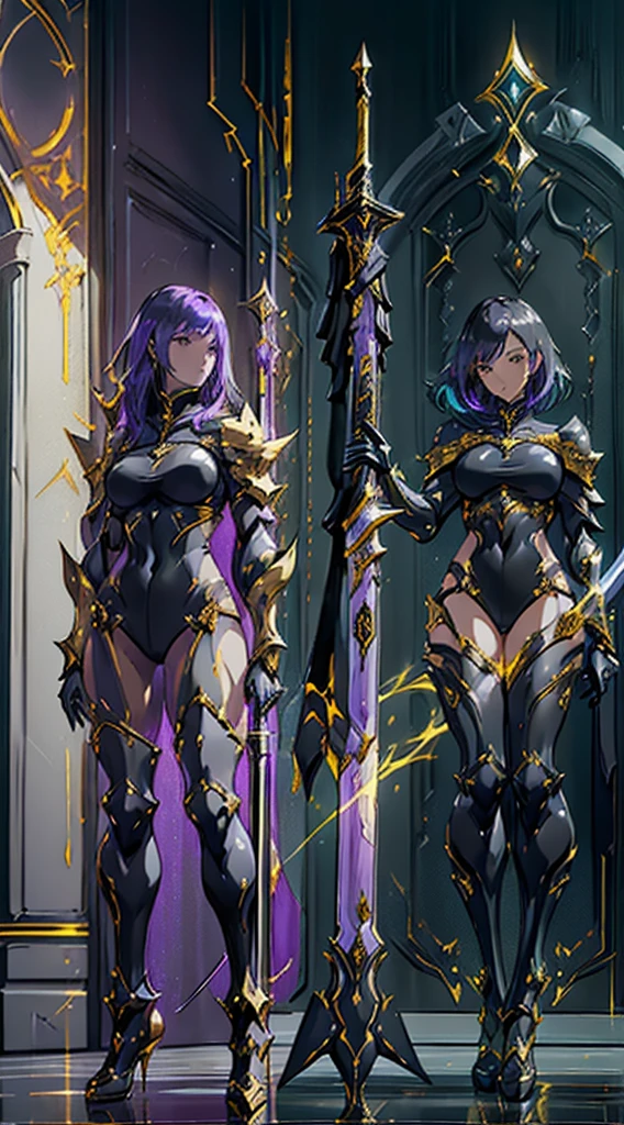 Design a layout showcase Gaming character, ((1girl)), assasin:1.4, Golden+Purple clothes, Black_Desert_style, stylish and unique, ((showcase weapon:1.4)), magic staff, (masterpiece:1.2), (best quality), 4k, ultra-detailed, (Step by step design, layout art:1.5), (luminous lighting, atmospheric lighting), Final Fantasy style, magican, ((glove full hands)), fran, viera, (((revealing clothes:1.3))), vambraces, armored legwear, (((full_body_shot:1.4))), Niji, back_view, T_pose