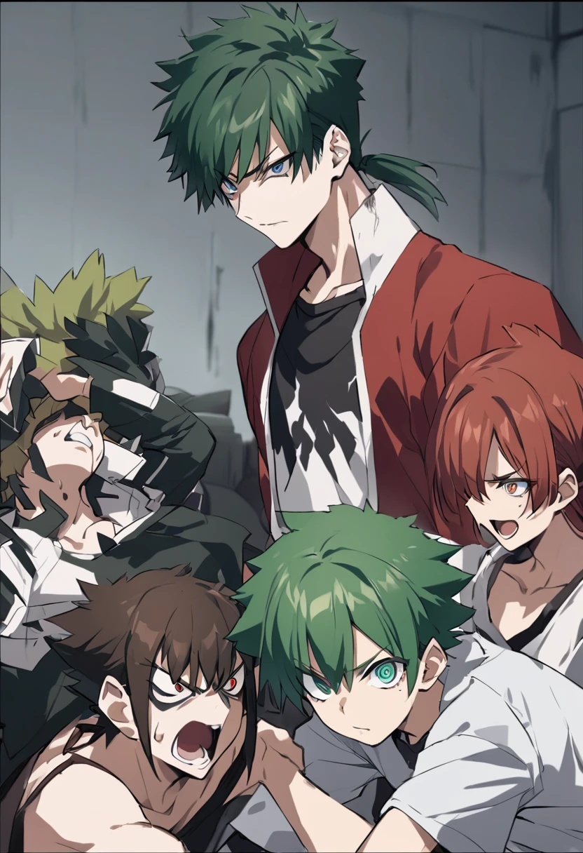 (masterpiece), best quality, expressive eyes, perfect face, make a man anime with green dark spiky hair tied like tatsumi and gaara, shaved in sides, black outlined in eyes, cyan eyes, black sweartshirt, hair tied like tatsumi akame ga kill, hair medium with bangs tied like Hyoudo issei, black outlined gothic of gaara of Naruto, psycho, green dark hair king medium long 