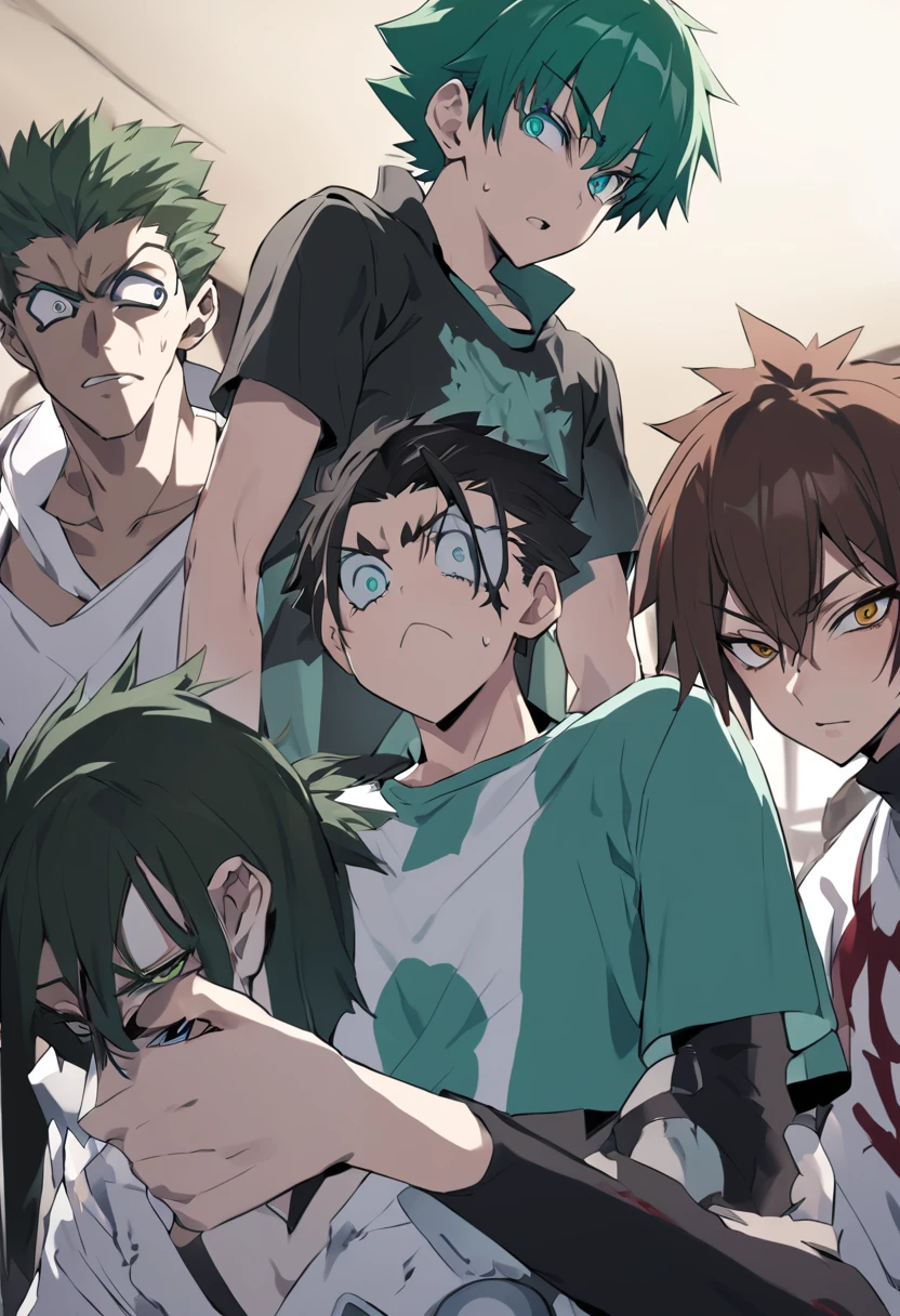 (masterpiece), best quality, expressive eyes, perfect face, make a man anime with green dark spiky hair tied like tatsumi and gaara, shaved in sides, black outlined in eyes, cyan eyes, black sweartshirt, hair tied like tatsumi akame ga kill, hair medium with bangs tied like Hyoudo issei, black outlined gothic of gaara of Naruto, psycho, green dark hair king medium long 