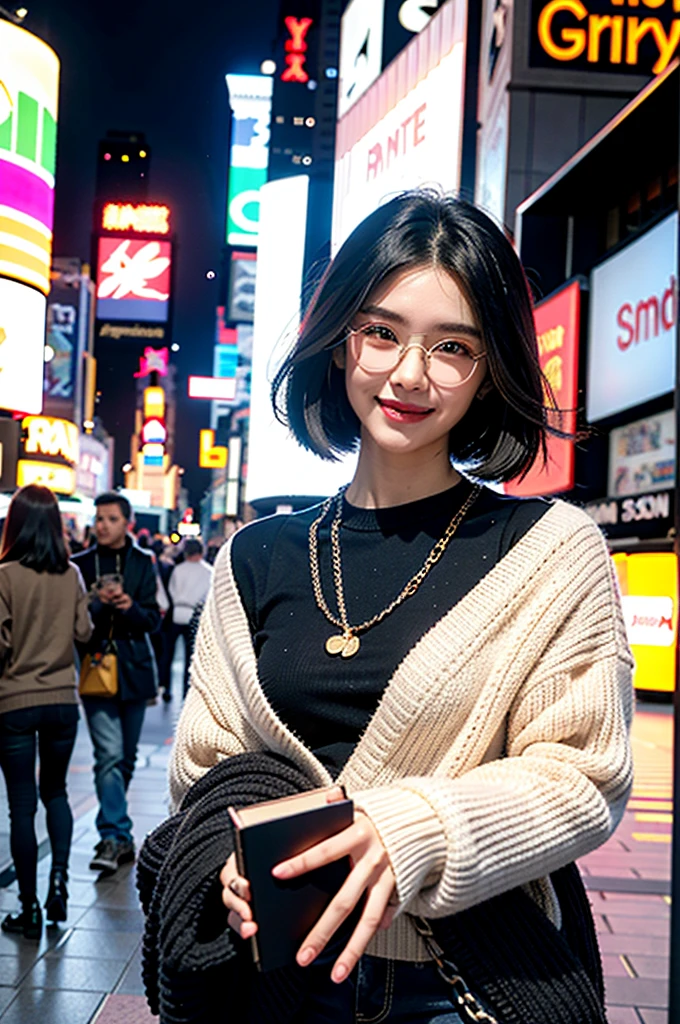 1 chico, Times Square, Brown eyes, black sweater, black jeans with chain, round lenses, White skin, book style hair, gray hair, SMILE 