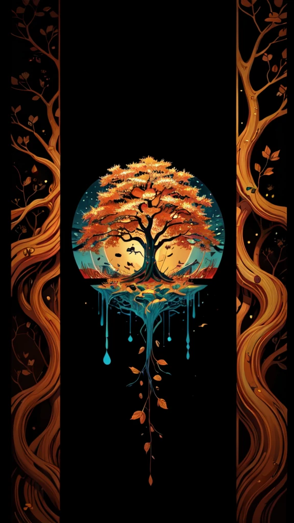 circular tree,four seasons,spring,summer,autumn,winter,leaves,roots,branches,trunk,ornate border,decorative,digital illustration,artwork,movement,time,swirling background,dark background,vibrant colors,natural,life cycle,growth,change,nature,life,peace,harmony,spirituality,symbolism,digital art,illustration,painting,graphic design,art,design,digital media,online art,visual art,fine art,fantasy