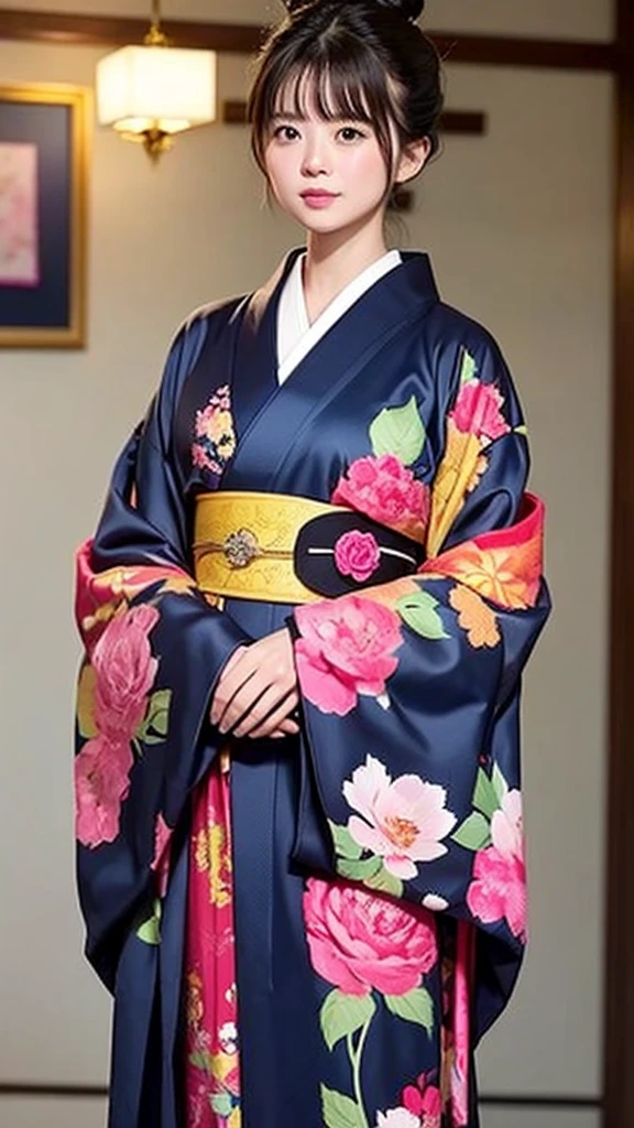 Tabletop, Highest quality, Very delicate and beautiful girl,Very delicate and beautiful, World Masterpiece Theatre, Very detailedな, Very detailed, Highest quality, Very beautiful silky black hair,kimono,Japanese Clothing,落ち着いた色合いのkimono,ナチュラルカラーのkimono, High resolution, Very detailed,1 Girl, Highest quality, shape, Looking at the audience, Material, canvas, Oil, Genuineistic, Realist ,Genuine,Great background,Otherworldly background,