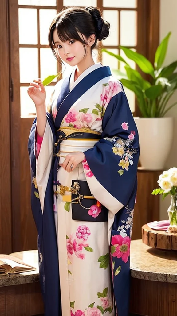 Tabletop, Highest quality, Very delicate and beautiful girl,Very delicate and beautiful, World Masterpiece Theatre, Very detailedな, Very detailed, Highest quality, Very beautiful silky black hair,kimono,Japanese Clothing,落ち着いた色合いのkimono,ナチュラルカラーのkimono, High resolution, Very detailed,1 Girl, Highest quality, shape, Looking at the audience, Material, canvas, Oil, Genuineistic, Realist ,Genuine,Great background,Otherworldly background,