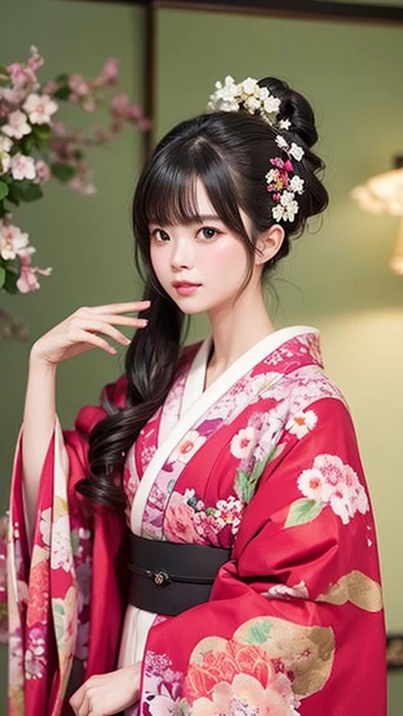 Tabletop, Highest quality, Very delicate and beautiful girl,Very delicate and beautiful, World Masterpiece Theatre, Very detailedな, Very detailed, Highest quality, Very beautiful silky black hair,kimono,Japanese Clothing,落ち着いた色合いのkimono,ナチュラルカラーのkimono, High resolution, Very detailed,1 Girl, Highest quality, shape, Looking at the audience, Material, canvas, Oil, Genuineistic, Realist ,Genuine,Great background,Otherworldly background,