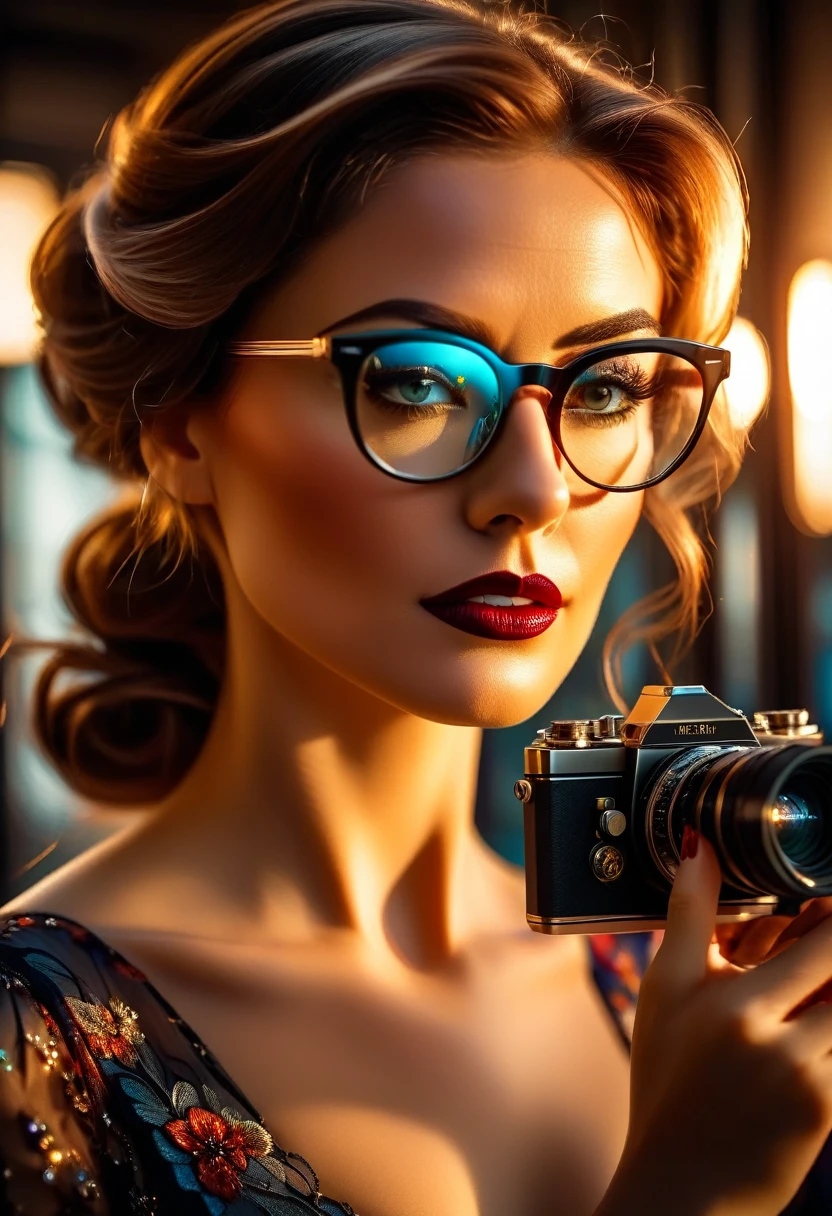 a facial portrait of a ((spy using glasses to take pictures)) working on a secret computer laboratory, an elegant, exquisite beautiful female spy, dynamic hair color, dynamic hair style, (wearing elegant intricate details glasses: 1.3), dynamic color glasses, dynamic style glasses, ((digital letter and numbers are mirrored on the glasses:1.6)), she wears an elegant, intricate detailed dress, silk dress , small cleavage, Vibrant, Ultra-high resolution, High Contrast, masterpiece:1.2, highest quality, Best aesthetics), best details, best quality, highres, ultra wide angle, 16k, [ultra detailed], masterpiece, best quality, (extremely detailed), Genetically modified..., Cinematic Hollywood Film, lens flare style