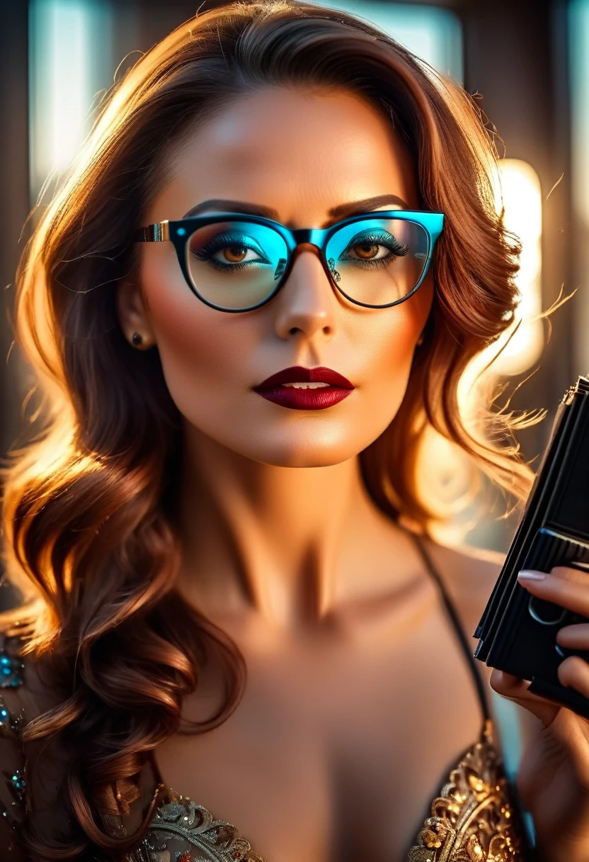 a facial portrait of a ((spy using glasses to take pictures)) working on a secret computer laboratory, an elegant, exquisite beautiful female spy, dynamic hair color, dynamic hair style, (wearing elegant intricate details glasses: 1.3), dynamic color glasses, dynamic style glasses, ((digital letter and numbers are mirrored on the glasses:1.6)), she wears an elegant, intricate detailed dress, silk dress , small cleavage, Vibrant, Ultra-high resolution, High Contrast, masterpiece:1.2, highest quality, Best aesthetics), best details, best quality, highres, ultra wide angle, 16k, [ultra detailed], masterpiece, best quality, (extremely detailed), Genetically modified..., Cinematic Hollywood Film, lens flare style