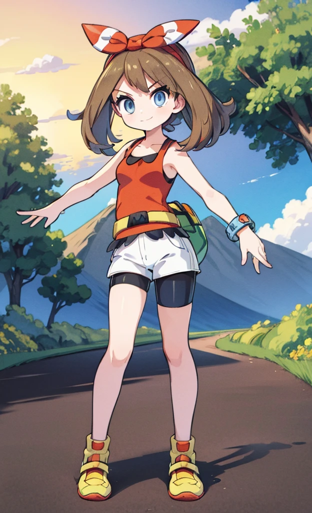 masterpiece,Highest quality,1 Girl,alone,Pokémon-like art style,(bold:1.6),(flat:1.5), may \(pokemon\), red shirt, tank top, headband, bow, white shorts, bike shorts under shorts, smile, sitting, yellow footwear, full body , pkmnmay, blue eyes, brown hair, hair ribbon, red hairband,red tank top, white shorts, black bike shorts, bike shorts under shorts, bracelet, looking at viewer, serious, standing, holding poke ball, outside, mountain, trees, dusk, sunset, high quality, masterpiece,