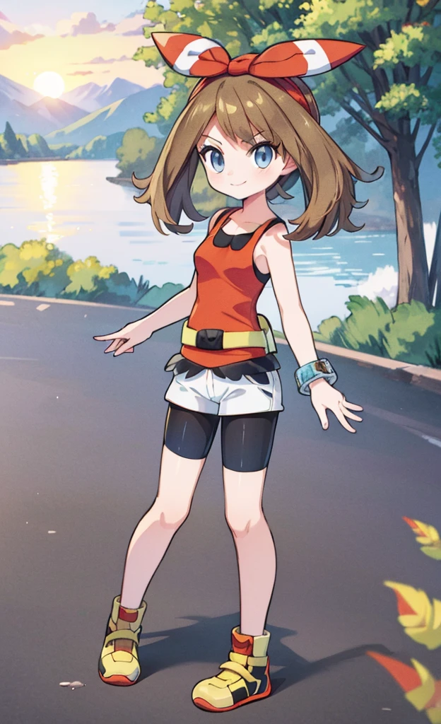 masterpiece,Highest quality,1 Girl,alone,Pokémon-like art style,(bold:1.6),(flat:1.5), may \(pokemon\), red shirt, tank top, headband, bow, white shorts, bike shorts under shorts, smile, sitting, yellow footwear, full body , pkmnmay, blue eyes, brown hair, hair ribbon, red hairband,red tank top, white shorts, black bike shorts, bike shorts under shorts, bracelet, looking at viewer, serious, standing, holding poke ball, outside, mountain, trees, dusk, sunset, high quality, masterpiece,