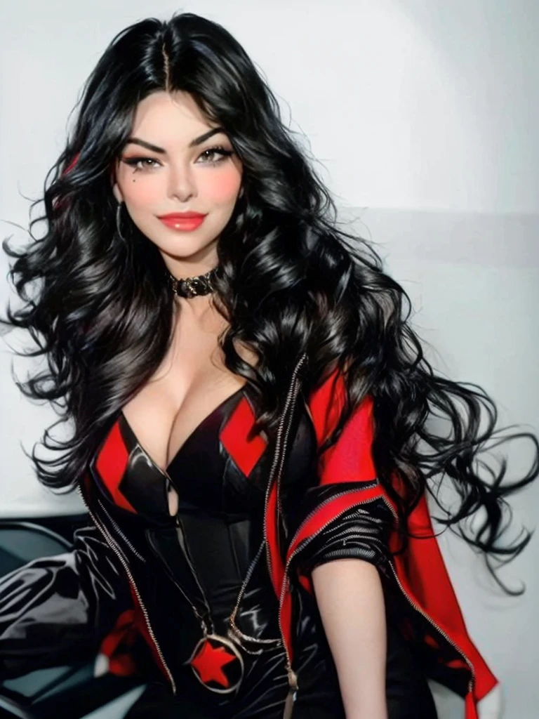 a close-up of a woman in a black dress and a red jacket, portrait of Haifa Wehbe, his black hair is long and curly, charli xcx, Sir, young arab monica belluci, Victoria justice, long wavy black fur, she has black hair with bangs, wavy black fur, long curvy black hair, long black wavy hair