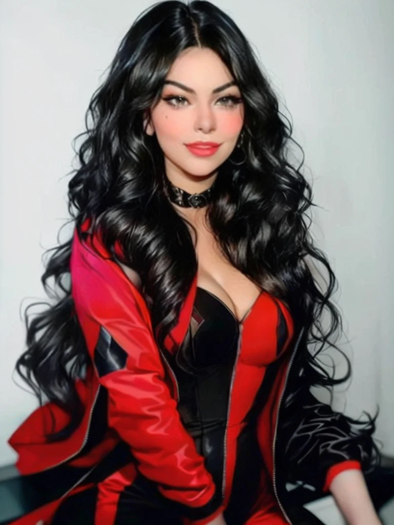 a close-up of a woman in a black dress and a red jacket, portrait of Haifa Wehbe, his black hair is long and curly, charli xcx, Sir, young arab monica belluci, Victoria justice, long wavy black fur, she has black hair with bangs, wavy black fur, long curvy black hair, long black wavy hair