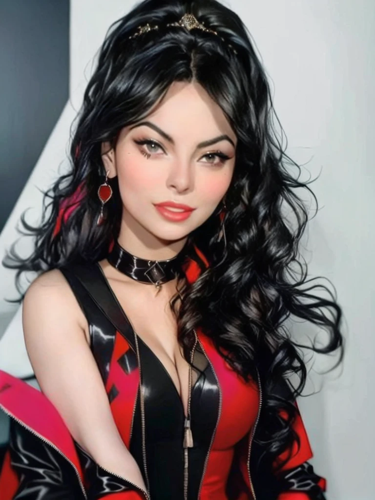 a close-up of a woman in a black dress and a red jacket, portrait of Haifa Wehbe, his black hair is long and curly, charli xcx, Sir, young arab monica belluci, Victoria justice, long wavy black fur, she has black hair with bangs, wavy black fur, long curvy black hair, long black wavy hair