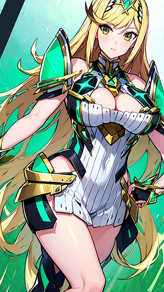 Mythra from Xenoblade, cleavage, big breasts, long hair, blonde hair, sexy girl, 1 girl, masterpiece, best quality, high resolution