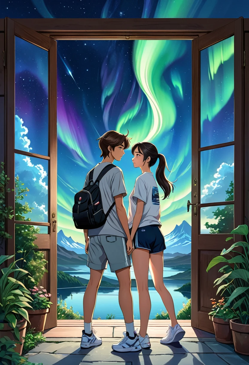 A captivating and futuristic anime illustration titled "URANUS 2324" Two women in love, one with beautiful Asian features named Lin (Sarocha Chankimha) with long dark hair tied in a ponytail, dressed in a loose dark blue shirt and a white t-shirt underneath, pants shorts and sports shoes, who is sitting on a motorcycle and is taking a photo with her camera of the other, Kath (Rebeca Armstrong), a young British woman with semi-long straight and loose brown hair, dressed in a light gray t-shirt, a sports jacket dark blue, gray shorts and sneakers, he carries a black backpack on his left shoulder. She is standing at the door with a beautiful garden in the background. An aurora borealis features prominently in the background. The women look at each other with love, enjoying the moment of encounter. The illustration is designed like a movie poster, with intricate details and dynamic typography, poster, photography, cinematic, typography, illustration
