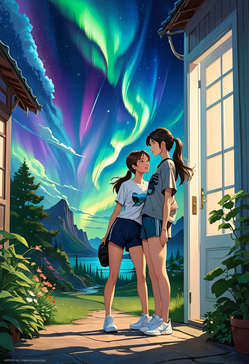 A captivating and futuristic anime illustration titled "URANUS 2324" Two women in love, one with beautiful Asian features named Lin (Sarocha Chankimha) with long dark hair tied in a ponytail, dressed in a loose dark blue shirt and a white t-shirt underneath, pants shorts and sports shoes, who is sitting on a motorcycle and is taking a photo with her camera of the other, Kath (Rebeca Armstrong), a young British woman with semi-long straight and loose brown hair, dressed in a light gray t-shirt, a sports jacket dark blue, gray shorts and sneakers, he carries a black backpack on his left shoulder. She is standing at the door with a beautiful garden in the background. An aurora borealis features prominently in the background. The women look at each other with love, enjoying the moment of encounter. The illustration is designed like a movie poster, with intricate details and dynamic typography, poster, photography, cinematic, typography, illustration