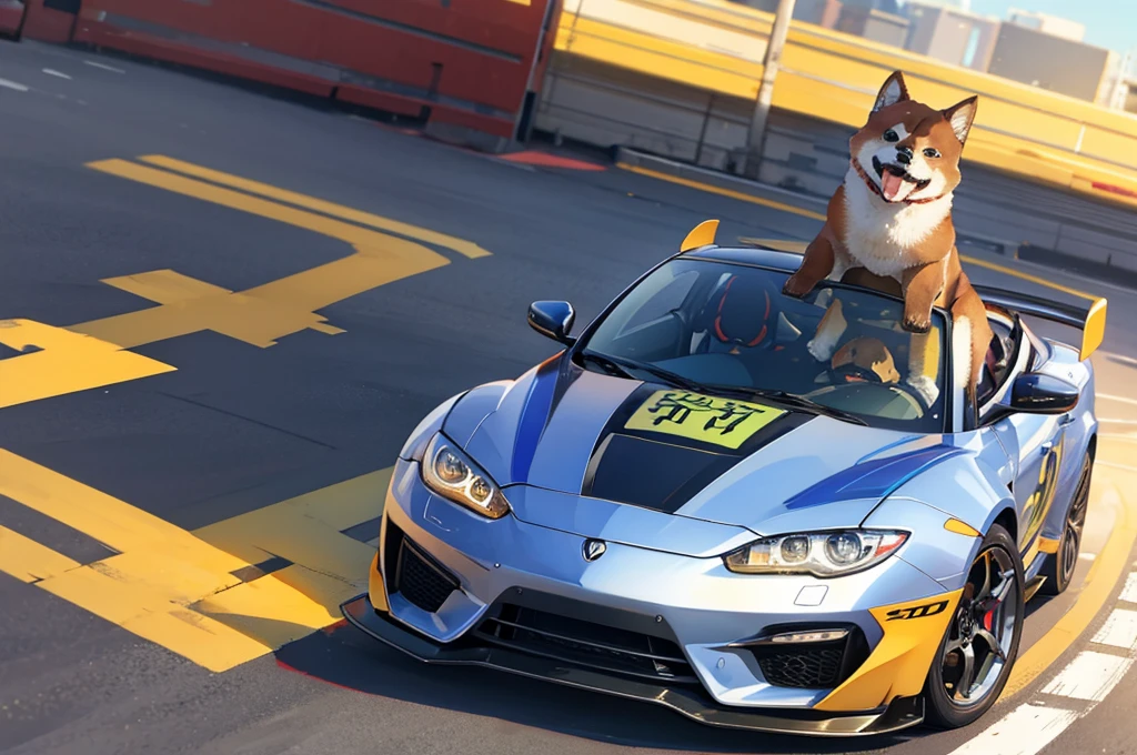 A cute shiba driving a sport car