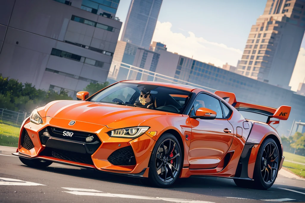 A cute shiba driving a sport car