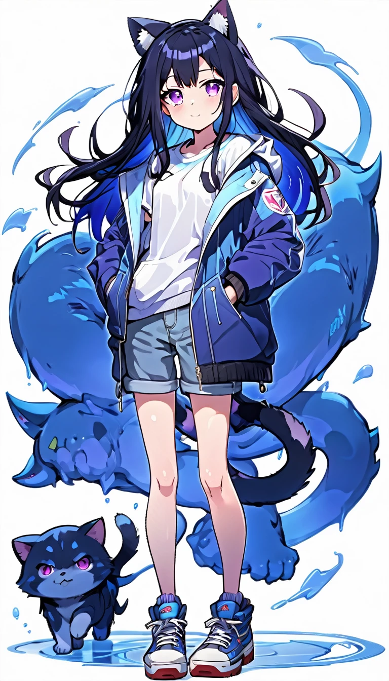 a young 14 year old girl, 4ft9 in Hight, open blue jacket, white shirt, short jeans, very long black hair, brown work shoes, ,purple eyes,fang, ,cat ears, ,cat tail, character design, purple and blue halos, blue Archive character,