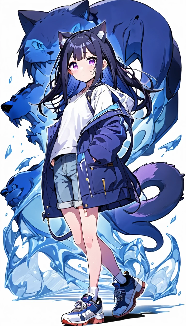 a young 14 year old girl, 4ft9 in Hight, open blue jacket, white shirt, short jeans, very long black hair, brown work shoes, ,purple eyes,fang, ,cat ears, ,cat tail, character design, purple and blue halos, blue Archive character,