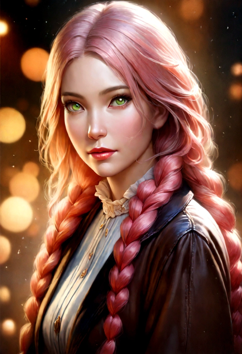 1 girl with green eyes, light skin, pink hair with green tips in three braids, sexy, detailed face, beautiful detailed eyes, beautiful detailed lips, gorgeous, elegant, ethereal, (best quality,4k,8k,highres,masterpiece:1.2),ultra-detailed,(realistic,photorealistic,photo-realistic:1.37),HDR,UHD,studio lighting,ultra-fine painting,sharp focus,physically-based rendering,extreme detail description,professional,vivid colors,bokeh,fantasy,magical realism,soft lighting,warm color palette