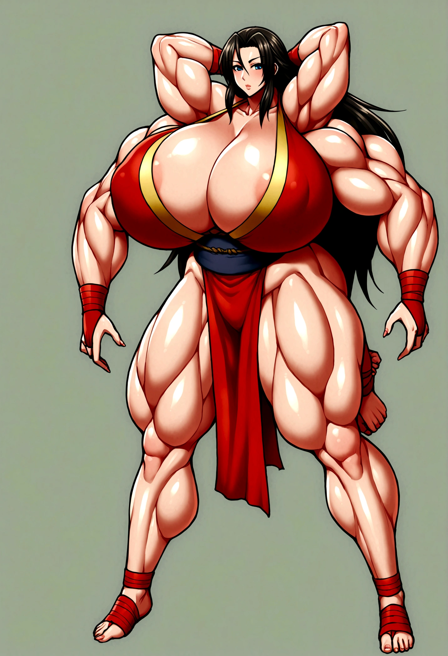 Samurai girl, long hair, gigantic muscular body, huge breasts, 4 arms, full body.