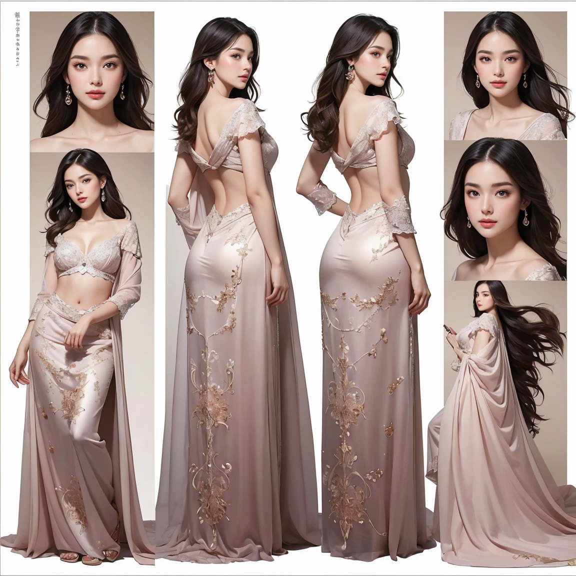 (masterpiece, highest quality), ultra detailed, high resolution, 16k, the most beautiful face in the world, highly detailed beautiful face and eyes, shiny skin, fine cloth texture, perfect anatomy, BREAK, (the incarnation of beauty:1.3), (goddess of beauty:1.3), (gorgeous and stunning princess:1.3), perfect make-up, deeply in love, full of elegance. (full body:1.5), (three view drawing, front and back and side, character sheet:1.3)