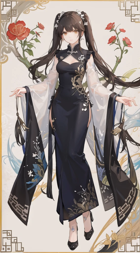 girl,full body,(detailed face:1.2), masterpiece, fashion,chinese dress,, medium hair, black hair, twintails, blunt bangs, brown eyes,